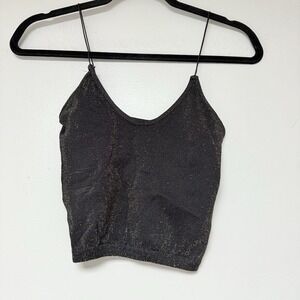 Free People Black Metallic Sparkle Knit Crop Tank Top Spaghetti‎ Straps